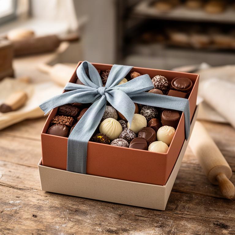 Caja de regalo con lazo de tela, bombones y trufas artesanales sobre una mesa de madera en un obrador de Zafra