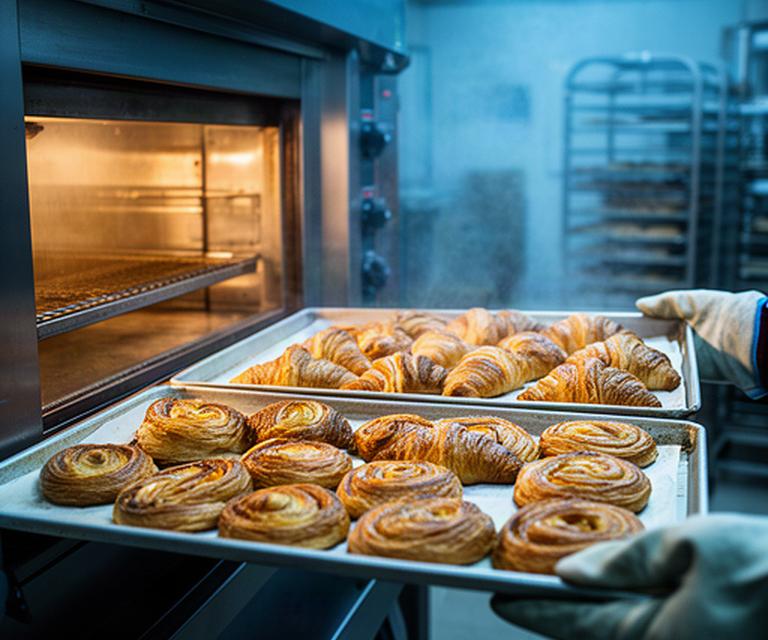 Horno abierto con bandejas de bollería dorada preparada durante la mañana en Zafra