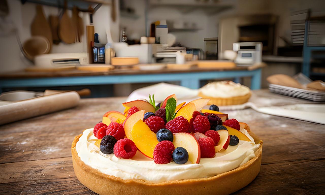 Tarta artesanal decorada con frutas y crema sobre una mesa de madera en un obrador de Zafra