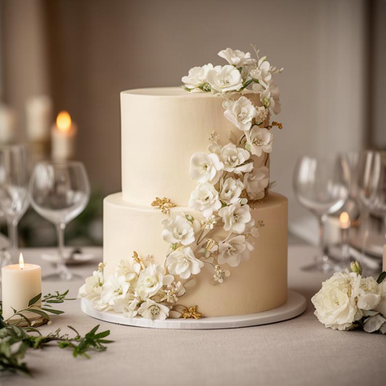 Tarta de boda de dos pisos con flores blancas sobre mesa de celebración