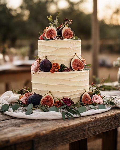 Tarta de boda rústica con buttercream, higos y flores frescas sobre mesa de madera
