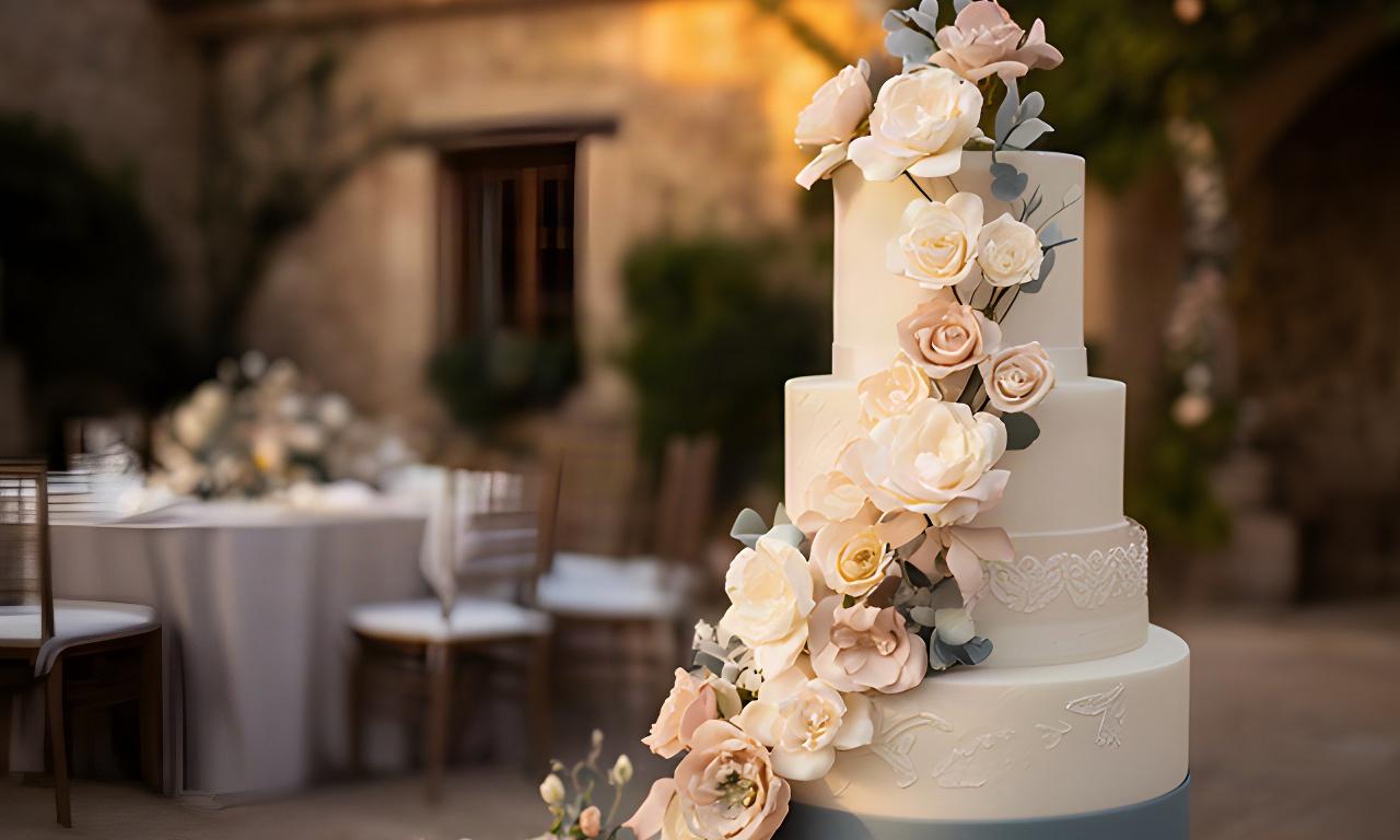 Tarta de boda artesanal de varios pisos con flores de azúcar en una finca de Zafra